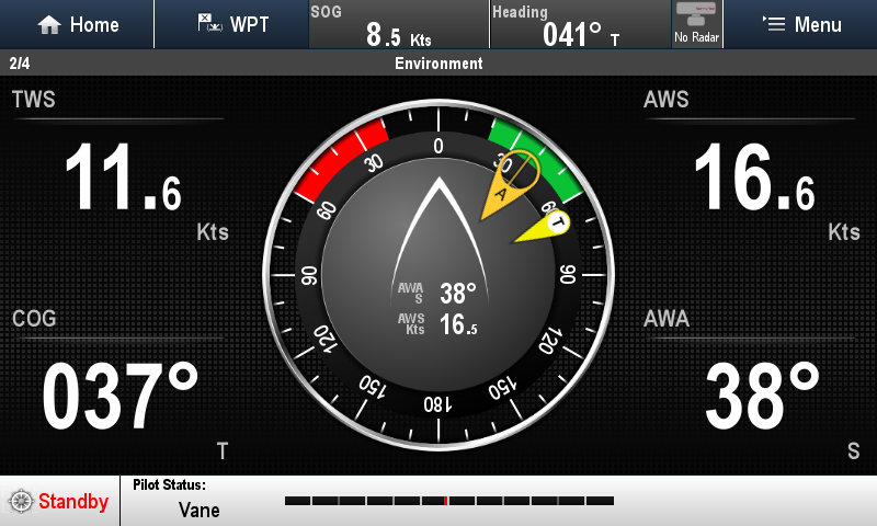 This screen shot was taken whilst sailing upwind offshore with full Mainsail and Genoa. Light seastate. The TWS indicator is a little off. It bounces around alot as the speed log moves through the waves. 