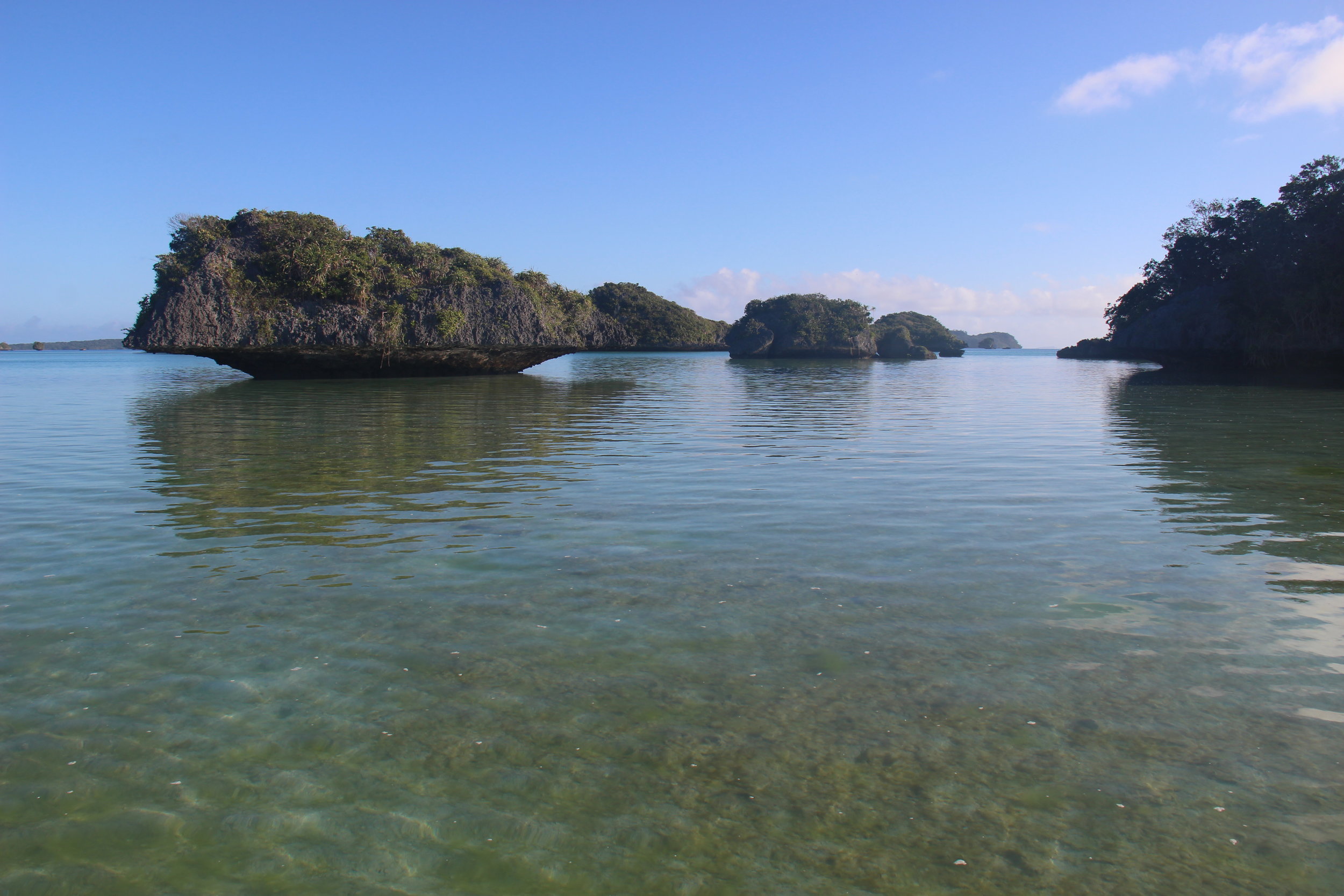 The lagoon is full of oddly shaped islets scattered around, It is like a maze of little islands. They are all carved away at the base from the tides flowing in and out. 