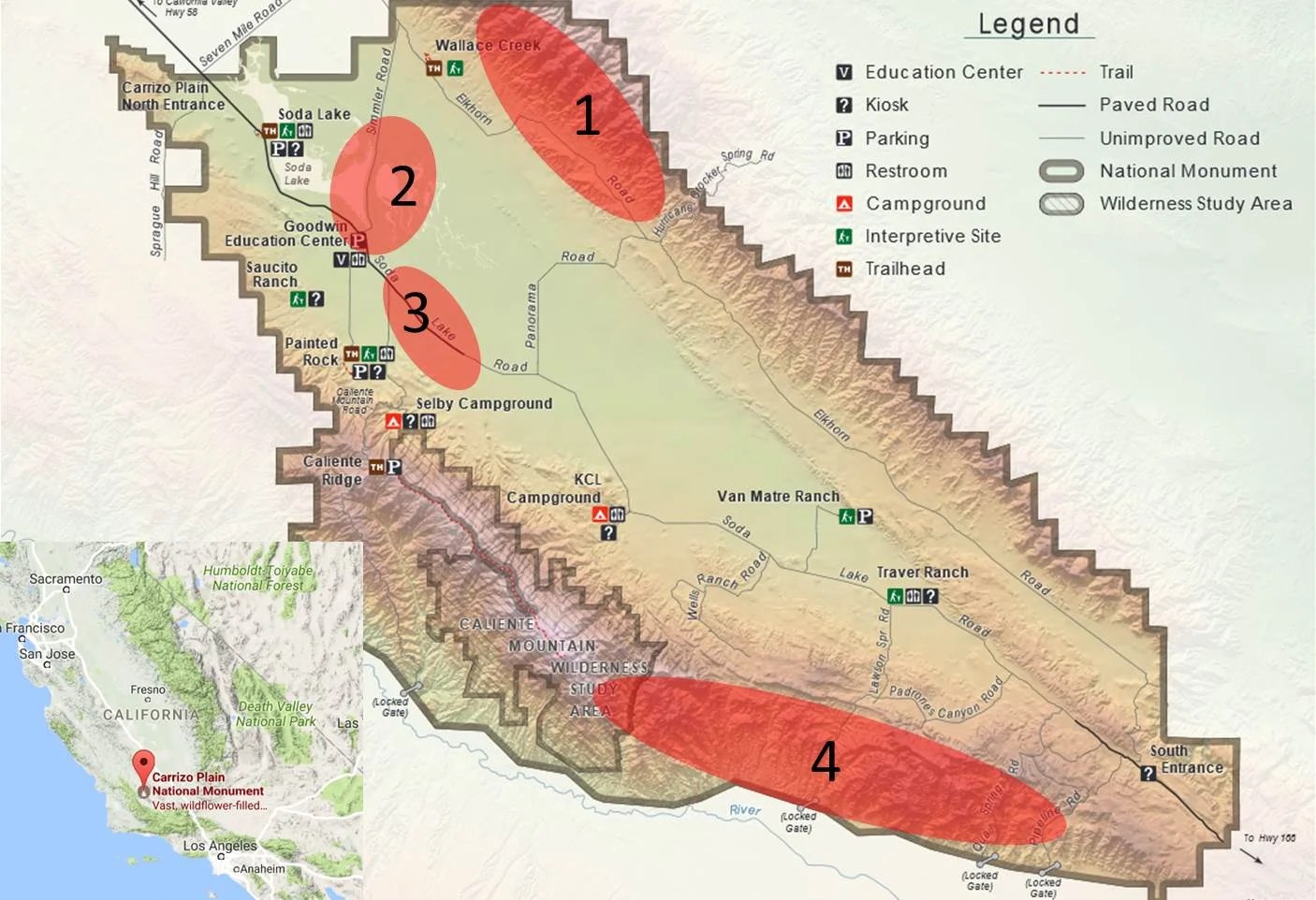 Bureau of Land Management map of Carrizo Plain with 4 areas of interest for wildflower viewing highlighted. Zone 1 is the Temblor Range, Zone 2 is Soda Lake Area, Zone 3 is the roadside near Selby Campground and Zone 4 is the southern extent of the Caliente Range.