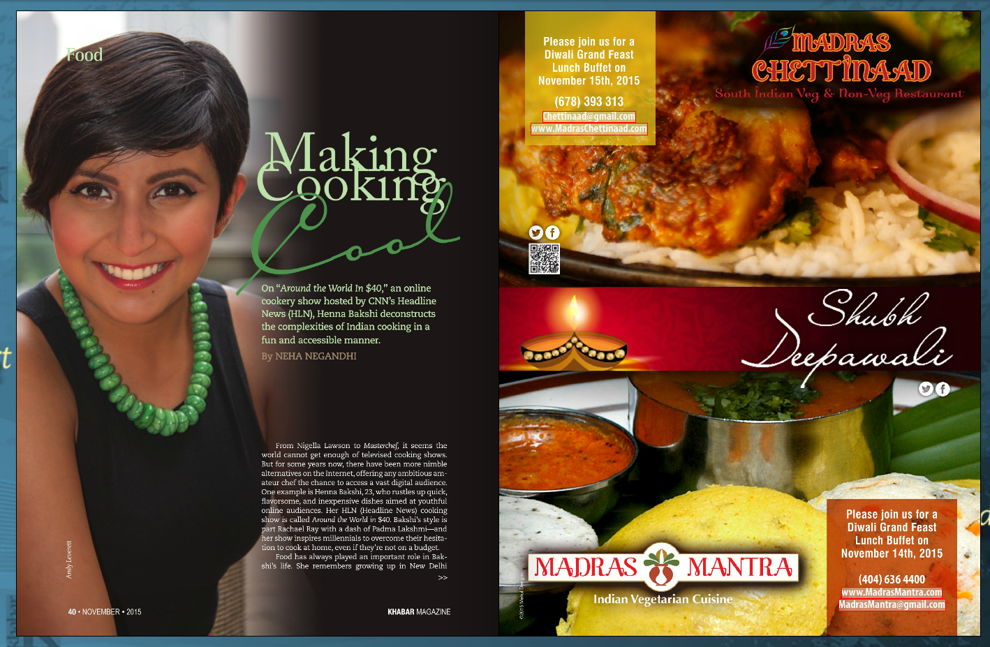 Atlanta's Khabar Magazine feature on my cooking series, "Around the World in $40" on HLN. Pg. 1