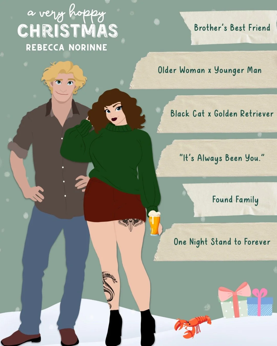 A VERY HOPPY CHRISTMAS TROPES:
🍺 Black cat heroine 
🦞 Golden retriever hero 
🍺 She's a brewer 
🦞 He's a lobsterman
🍺 Older Woman x Younger Man
🦞 Younger Brother's Best Friend
🍺 &quot;It's Always Been You.&quot;
🦞 Found Family
🍺 One night sta