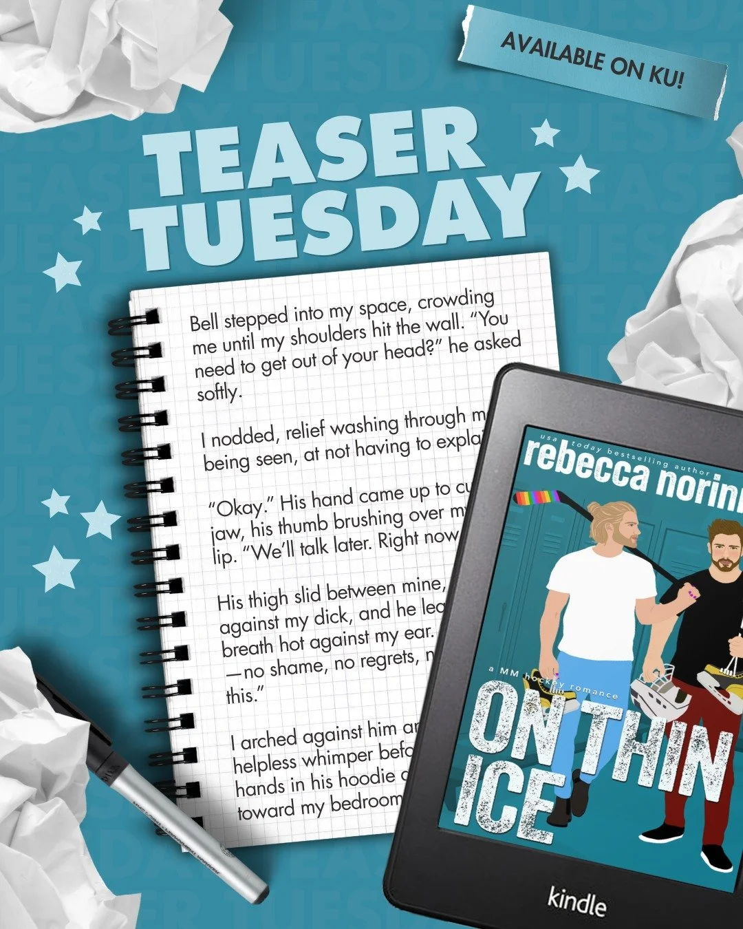 A little #TeaserTuesday from my teammates-to-lovers MM hockey romance, On Thin Ice, featuring an out-and-proud rookie and the closeted veteran. 🏒 ON THIN ICE, the first book in the #MaineMaraudersSeries, is available now on #KindleUnlimited. 

#mmho