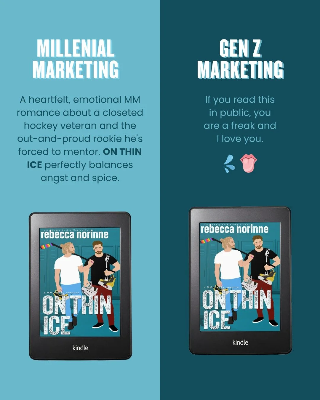 Have you seen the Millenial vs GenZ marketing graphics making the rounds? Too cute, right? Anyway, once I saw this actual GenZ review, I knew I had to use it for marketing. It's perfect, right?

ON THIN ICE is available now in #KindleUnlimited.

- te