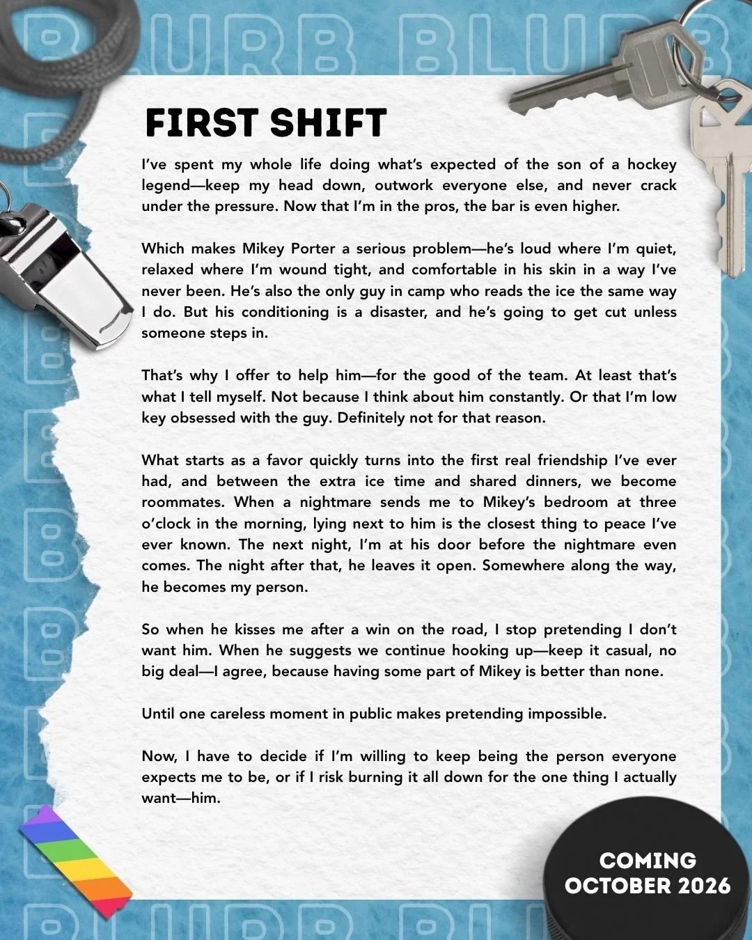 Did you miss the Blurb reveal for FIRST SHIFT, the 3rd book in my #mainemarauders #mmhockeyromance series? 

FIRST SHIFT (Maine Marauders 3)

I&rsquo;ve spent my whole life doing what&rsquo;s expected of the son of a hockey legend&mdash;keep my head 