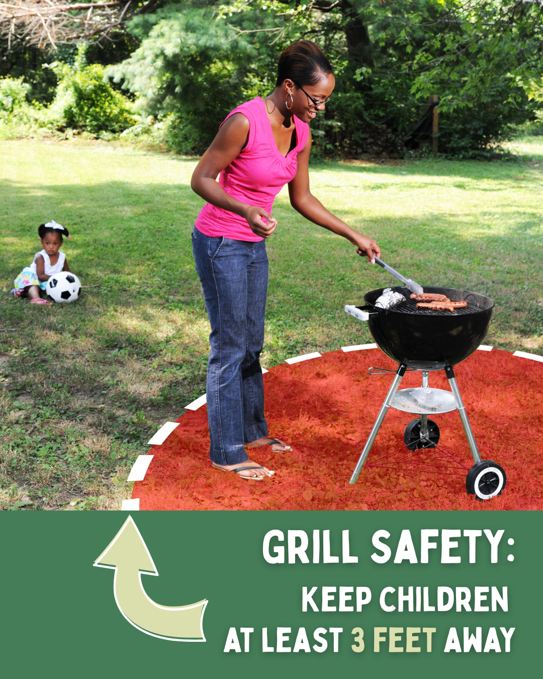 A woman grills with a child sitting outside the no-kid zone