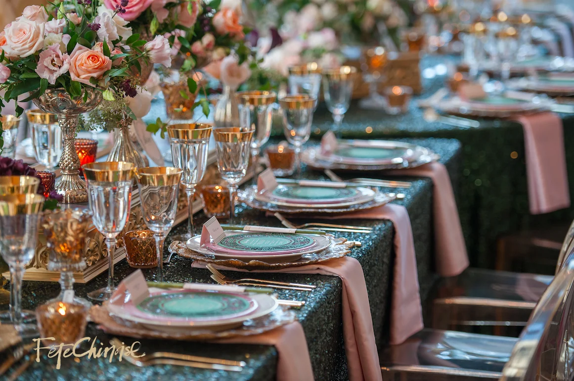 The Emperor's Fine Dining Hall inside the Museum Room: Design by Jackie O and Bliss Toronto, with gold chargers by Detailz Chair Couture, linens by Linen Closet Inc. and stationery by @Palettera Custom Correspondences. Photo by Krista Fox Photography. 
