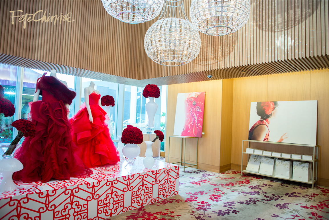 The Grand Entrance by Caspar Haydar Design, featuring gowns by Vera Wang. Custom pattern by Palettera Custom Correspondences on vinyl printing and installation by Event Graffiti. Photo by Krista Fox Photography. 3rd floor of the Shangri-