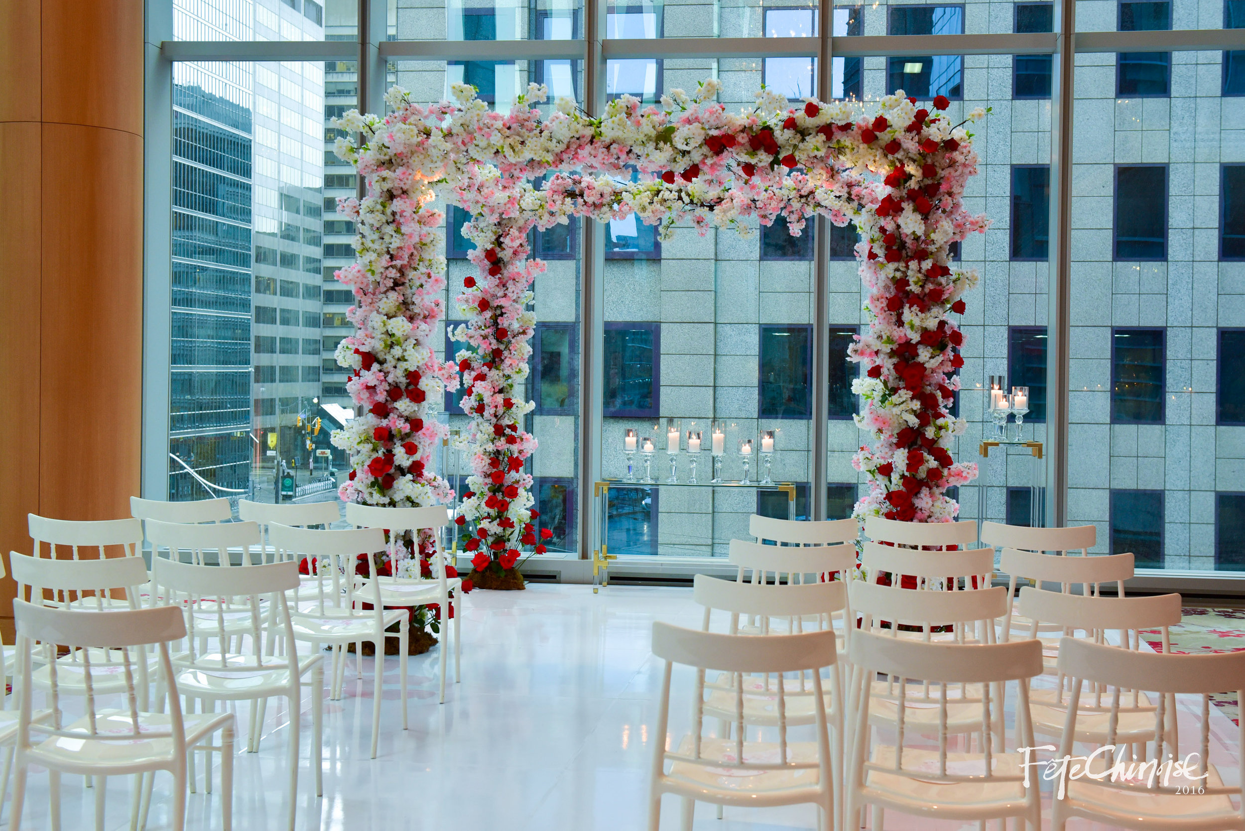 The Wedding Canopy — a new concept for the Chinese wedding to own its own identity, was designed by Melissa Samborski of One Fine Day Events and Pink Twig. Featuring a beautiful floor design by Ferris Wheel Press and printed by Event Graffiti. Chairs from Contemporary Furniture Rentals.