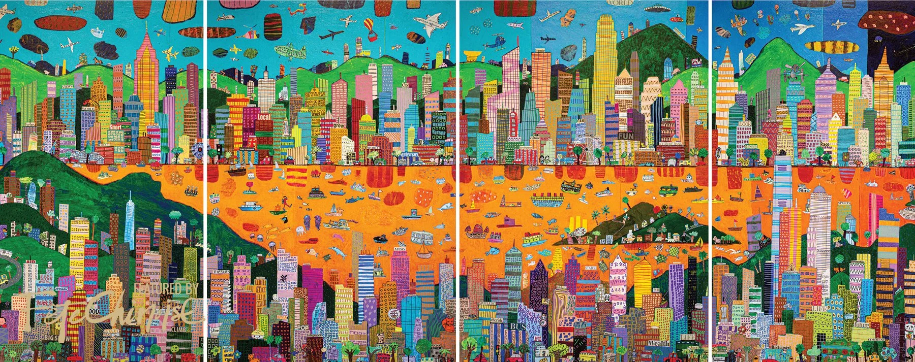 Under the Lion's Gaze  175 x 480 cm mixed media on canvas, 2025  Collaborative painting at AIS. Photography: Francesco Lietti