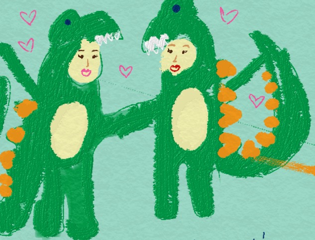After just a few calls, here’s the E-card Kelly sent me depicting us in the matching dinosaur onesies we now both own in real life. In her words, we’re falling deep into friend love.