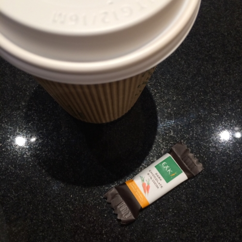 This is me saying NO to the free 61% mini itty-bitty piece of chocolate they give you at Exki, where I like to get my organic coffee in the morning. I usually like 85% dark, but this is a fun treat. 
