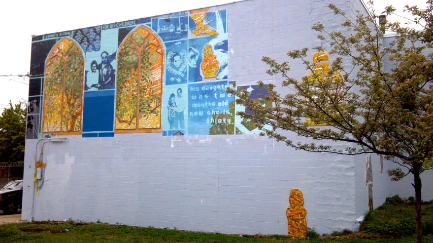  The stained glass was the first to get mapped out and installed. The mural slowly unfolded after that, one facade at a time.&nbsp; 