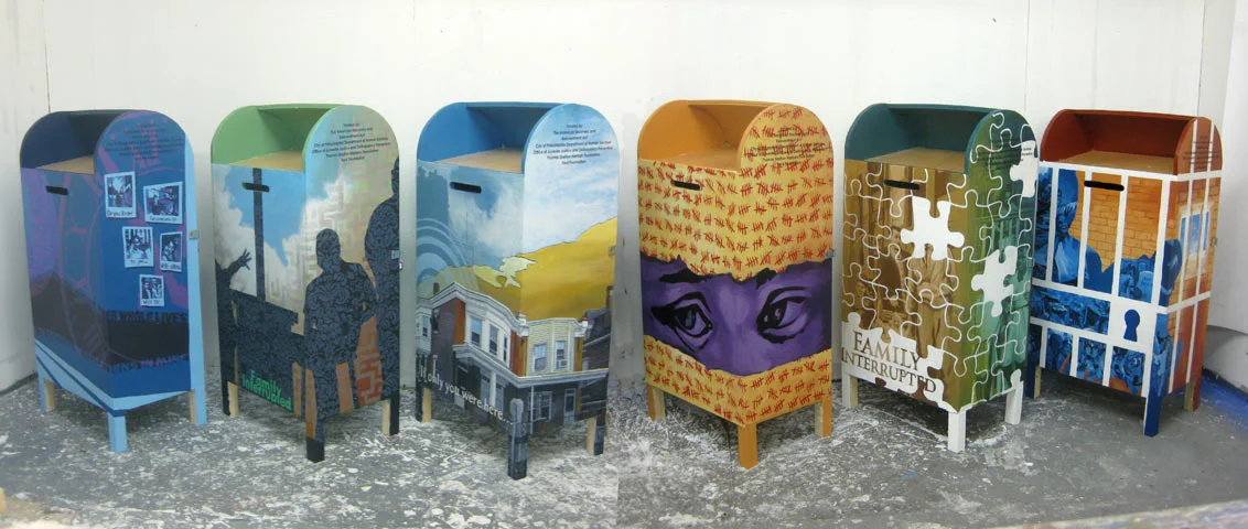  The Guild program under Janice Smith constructed 12 mailboxes, painted by myself &amp; the Graterford class. They are placed in Prison waiting rooms, the Prison Society, the Public Library, City Hall, The Gallery Mall and in neighborhoods. Each box 