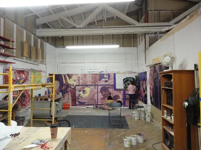  My assistants worked on the 3rd and 4th walls of the mural while I was hard at work cutting the stained glass figures and windows.&nbsp; 