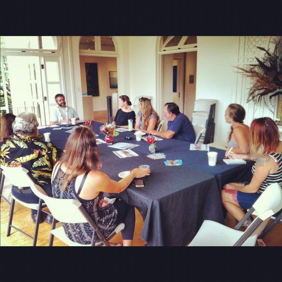 The Hui held a "Meet the Artist" event on my second day. Artists and Wailuku residents came to give their insight into my design, while suggesting a shift in focus to make the work more relevant for the town. Photo: Lana Coryell