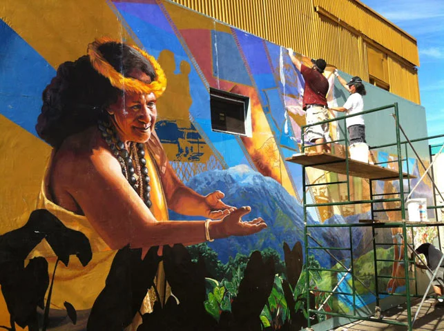 With a tent and lots of bottled water, we powered our way through the heat. The murals stained glass was also installed on day one. Photo: Ashley Takitani