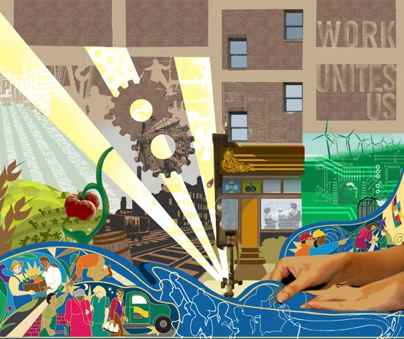 We began to combine and refine our ideas, adding layers of complexity to the economies. "Work Unites Us" was to be painted as a old faded factory logo on a brick surface. 