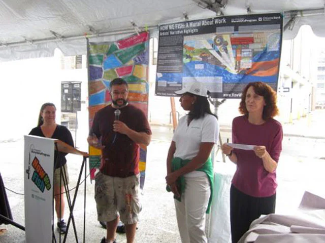 On Labor Day, we held one last final paint day outdoors in front of the wall. The volunteers could see their panels' placement on the wall alongside the installed mosaic. This event was envisioned as a kickoff for the mural's installation. 