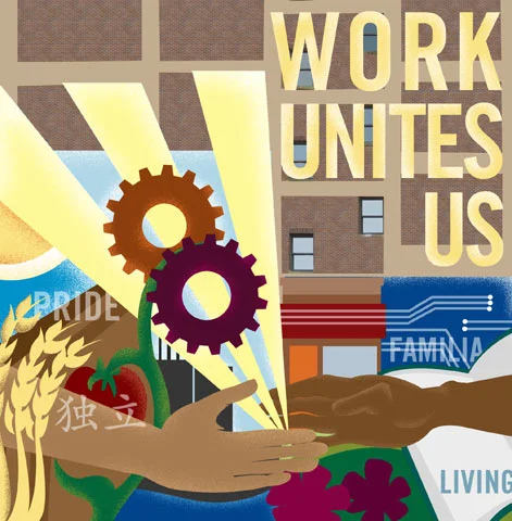 We began by designing the mural on our own. Then discovering the commonalities in our concepts. Ennis of Social Impact, created a poster design in her signature style. The idea of depicting various economies can be seen in this initial draft. 