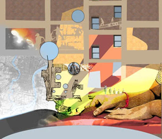 My initial draft of the design included a variety of visual ideas. Some found its way to the wall, such as the use of silhouetted figures symbolizing a vanishing workforce. The history of the building and the Chinatown locale made the garment worker's hands an appropriate image.