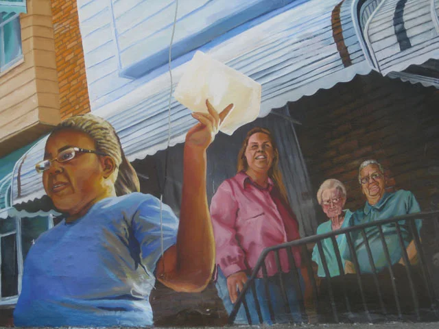 It's important to represent the people who have lived in Grey's Ferry their entire life as well. Their writing, and excerpts of interviews are throughout the wall, some even appear as figures. 