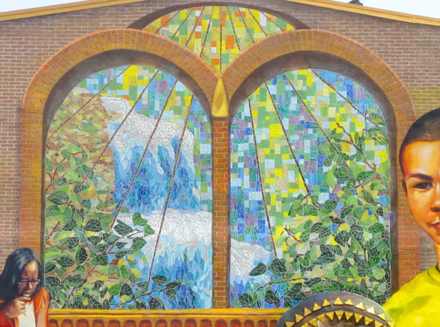 The stained glass portion of "From Behind the Mask" is roughly 270sq ft. and contains over 30 colors of glass in its palette.&nbsp; 