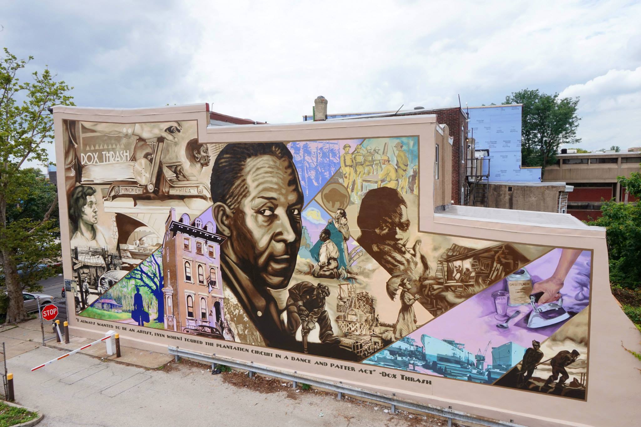 In 2015 I was given the opportunity to revise a mural I had painted in 2000. It was a biographical portrait of the Philadelphia printmaker Dox Thrash. Project was a collaboration between myself and Willis Nomo, our assistants were Amira Moha