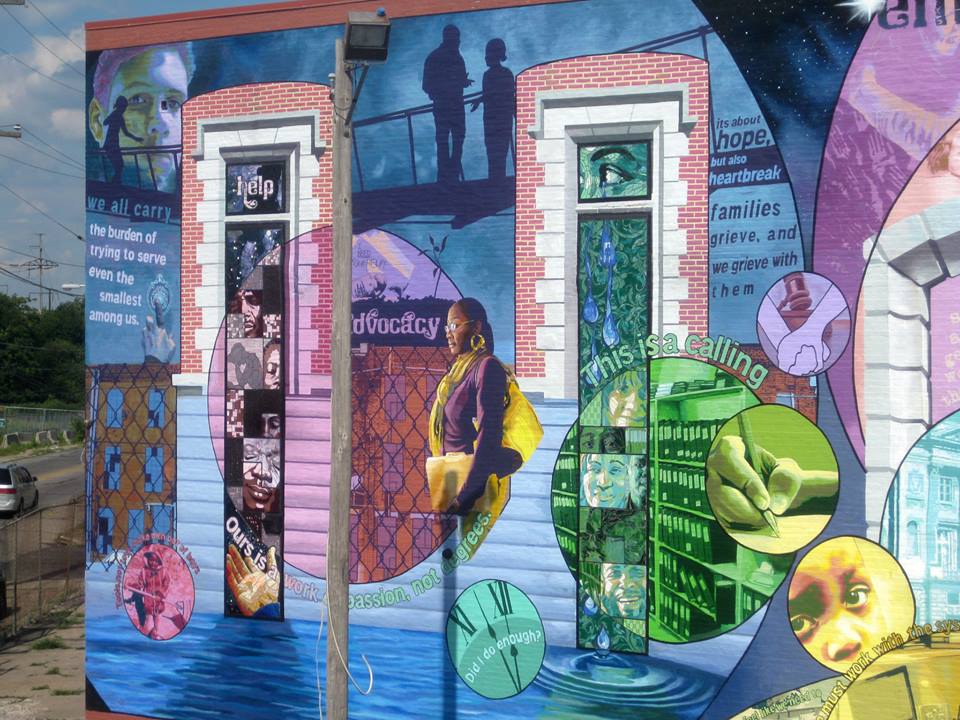 My design depicts the work done within communities, emphasizing the intimidating and often times unwelcoming atmospheres in which social workers can find themselves as they are trying to assess a family's needs. The elements within the circular layo