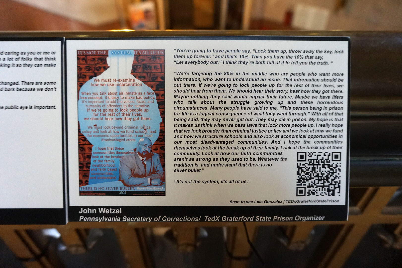 Placards were printed that offer further quotes and more information on each individual. QR codes link the viewer to audio, video, websites, resources, and newspaper articles. The rest of this slideshow will provide a more in depth look at some of the interviewees and their finished paintings. 