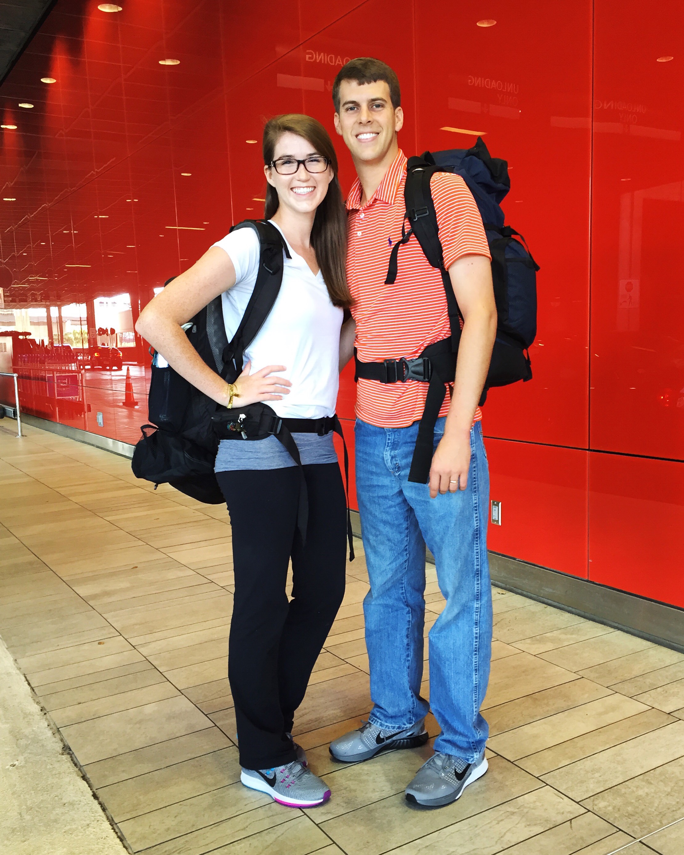 Here is us before take off with our backpacks ready to go!! 