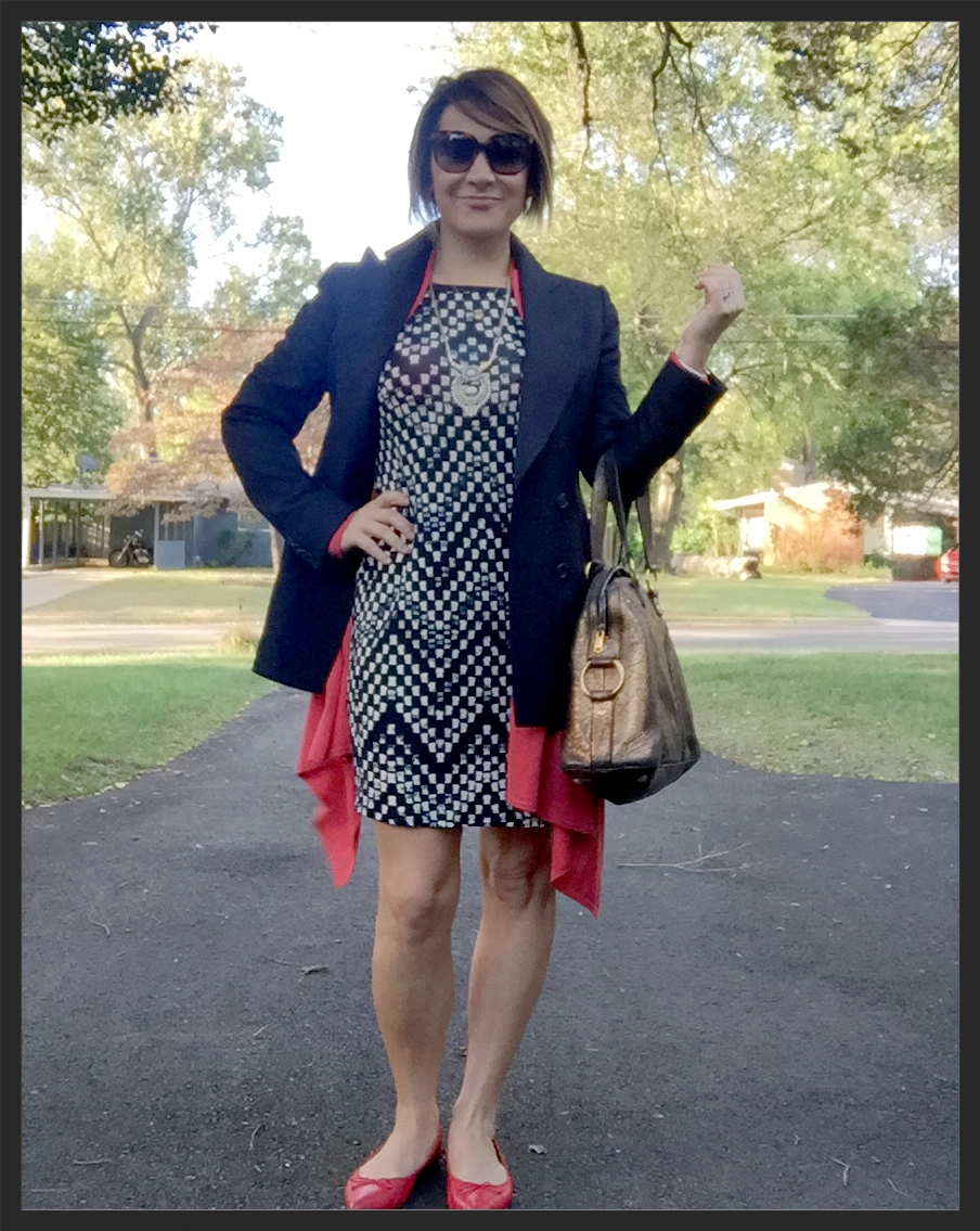 Outfit details: Chloe sunglasses (2015); Kiton blazer (2010); BCBG draped cardigan (2012); Stitch Fix dress (2015); Stella & Dot Havana necklace (2015); YSL Muse handbag (2008); J.Crew flats (2015)