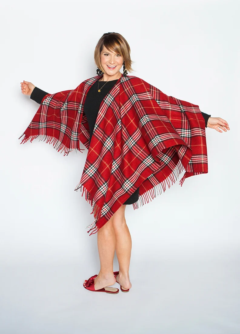 Key Holiday Accessory: Beaded earrings, blanket scarf, bow slides