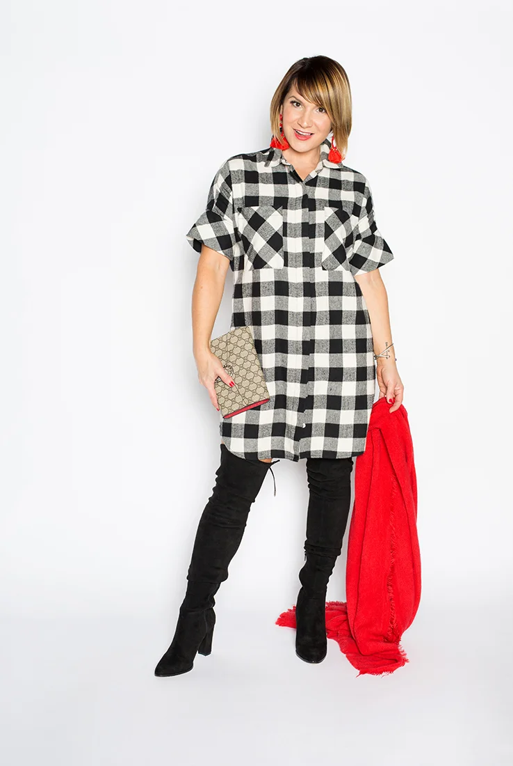 Key Holiday Accessories: Red tassel earrings, Gucci Dionysus bag, over-the-knee boot, red scarf