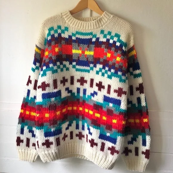 Vintage Hand Knit Wool Blend Technicolor Sweater