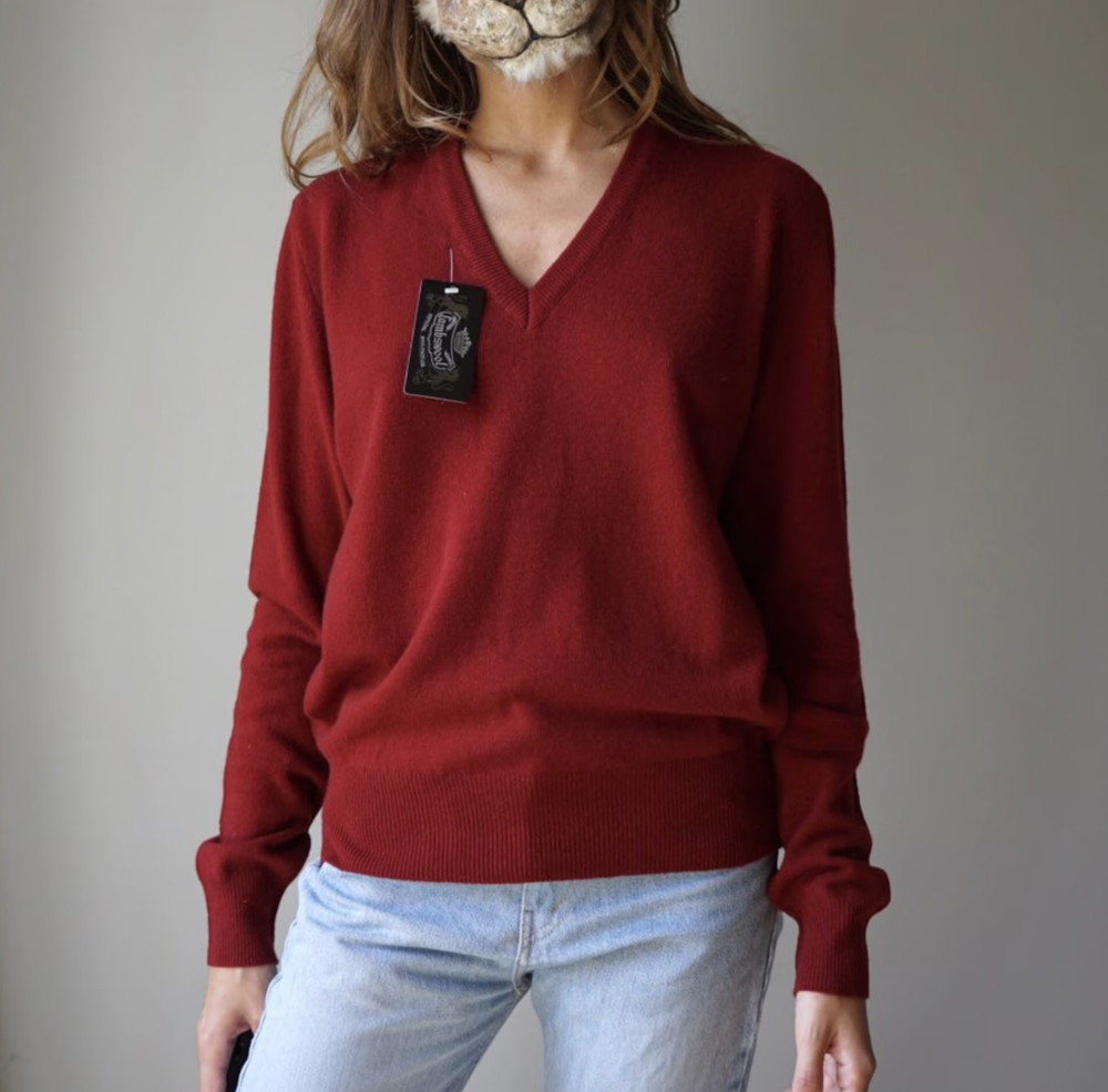 80s Burgundy Lambswool V Neck Sweater