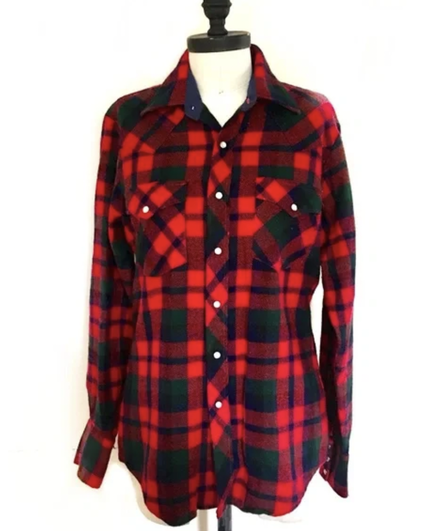 Vintage 70s Christmas Plaid Flannel Western Pearl Snap Shacket Red Blue Green