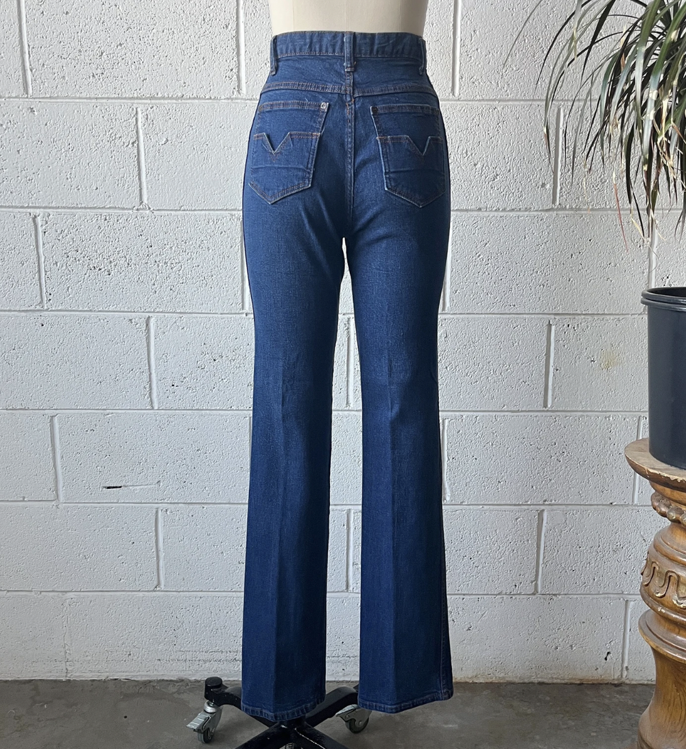 70s Vintage High Waisted Dark Washed Cotton Spandex Blend Denim