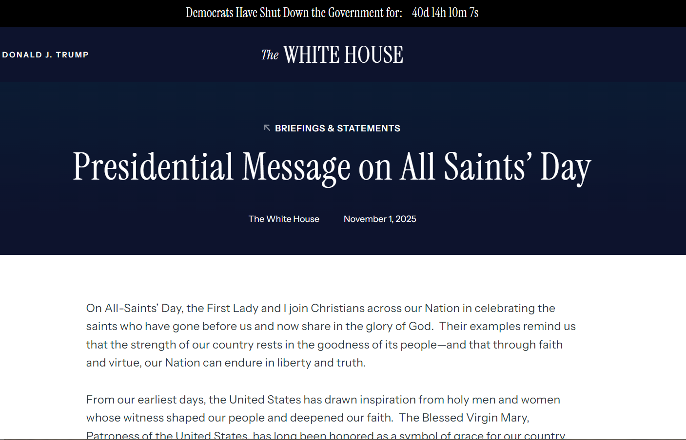 President Trump Issues Catholic-esque Presidential Message on All Saints Day