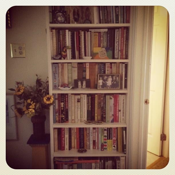 Built-in bookshelf filled with cookbooks.