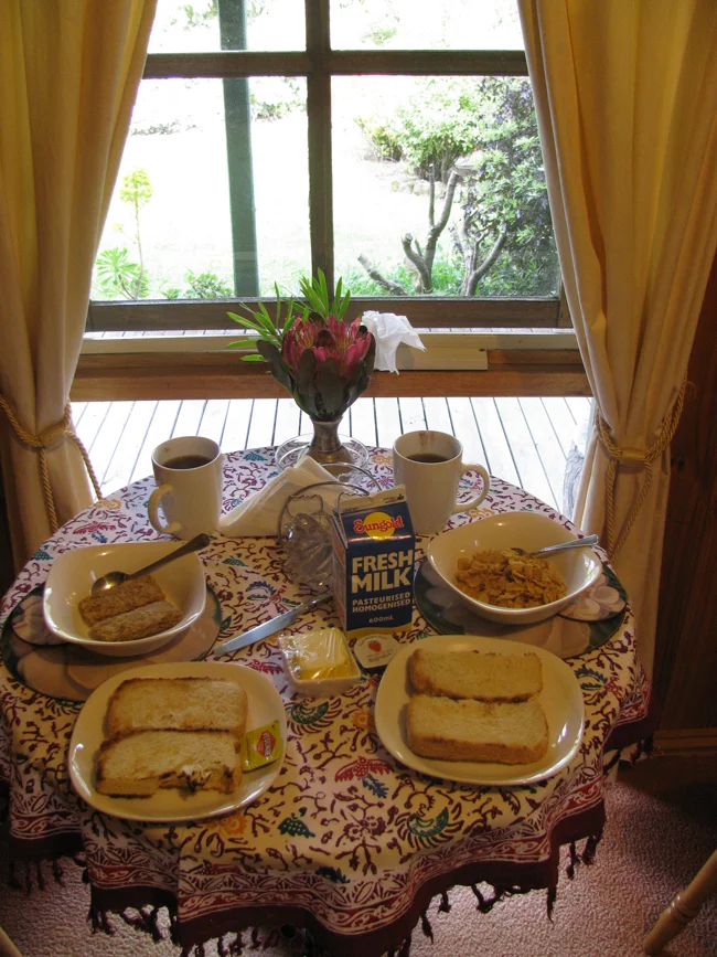 Our breakfast in our pretty B&B, Blue Johanna Cottages in Johanna, VIC. Fresh bread every morning! Wish we could have stayed longer
