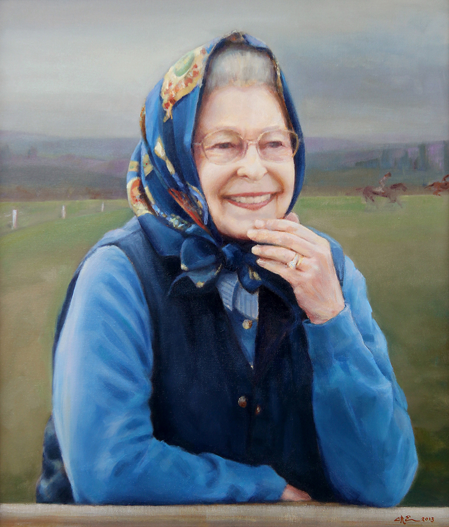 Her Majesty the Queen 24" x 28" Oil on canvas. Commissioned by the Kennel Club 2013. The Queen is patron of the Kennel Club.The last portrait of the Queen commissioned by the Kennel Club was in 1975 by Terence Cuneo.