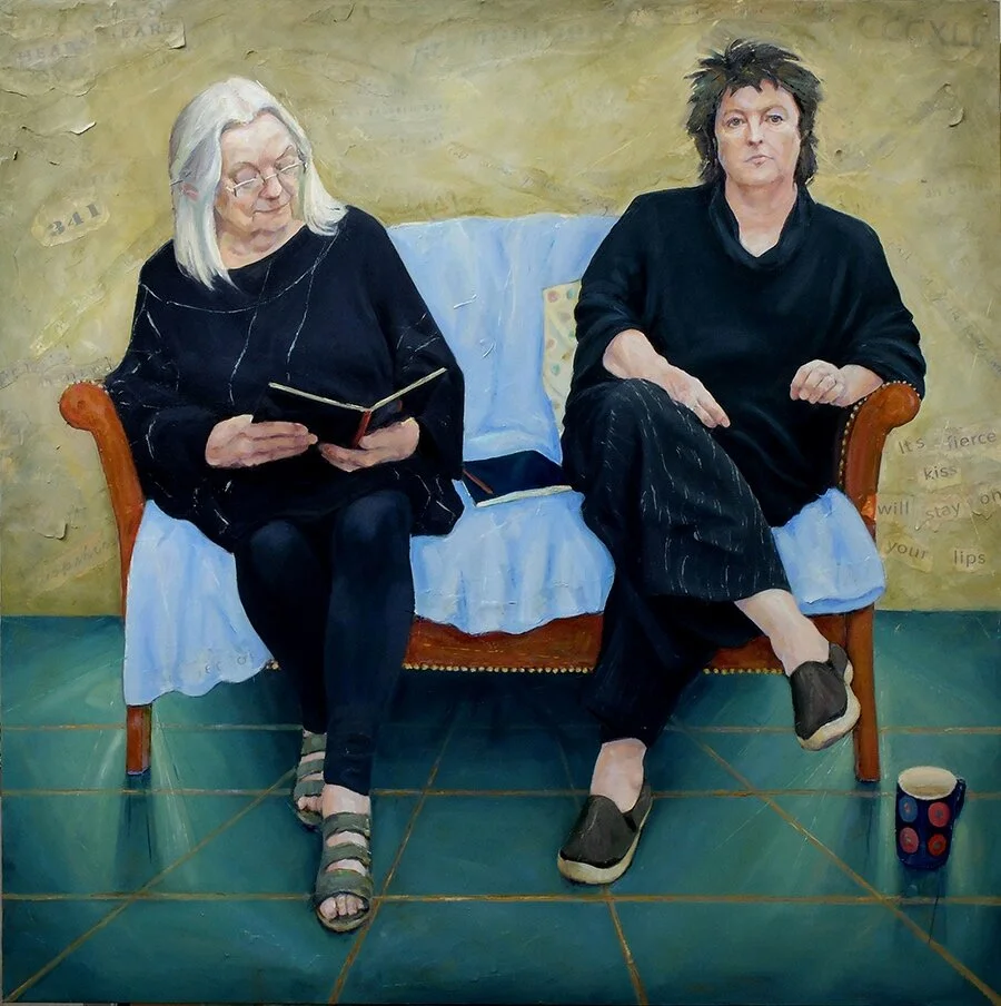 'The Poets' at the National Portrait Gallery, BP Award 2017 Exhibition. 'The Poets' 120cm x 120cm Oil and mixed media on canvas 2017. Portrait of the Poet Laureate Carol Ann Duffy and the National Poet of Wales Gillian Clarke. Currently showing in the BP Portrait Award 2017 exhibition at the National Portrait Gallery. “I’m thrilled with this painting which captures my dear friend, the Welsh poet Gillian Clarke, and I at work and in conversation at Ty Newydd. “ Carol Ann Duffy “ The sitting felt easy, three artists recording a shared hour in the conservatory at Ty Newydd, writing in my journal in the company of a poet and a painter. I felt none of the nervousness I feel when being photographed. Some have said the camera steals your soul. This felt more like an exchange of creative ideas.” Gillian Clarke "The portrait I think I like most, however, is Claire Eastgate’s double portrait of the poets Gillian Clarke and Carol Ann Duffy. It’s one of the most psychologically resonant here, and the delicate use of familiar objects – a book, absorbing the attention, a mug set down – is part of its powerful effect. Eastgate succeeds, in quite an unobtrusive way, in showing these women as powerfully intelligent. Clarke seems to be interrogating the book, not just reading it in absorption. Duffy’s gaze, stern but benevolent, is unmistakable. I like the power of these personalities; and Eastgate’s personality, too, rises from the evident enjoyment of the challenge." Philip Hensher, The Mail on Sunday About the painting, please click here