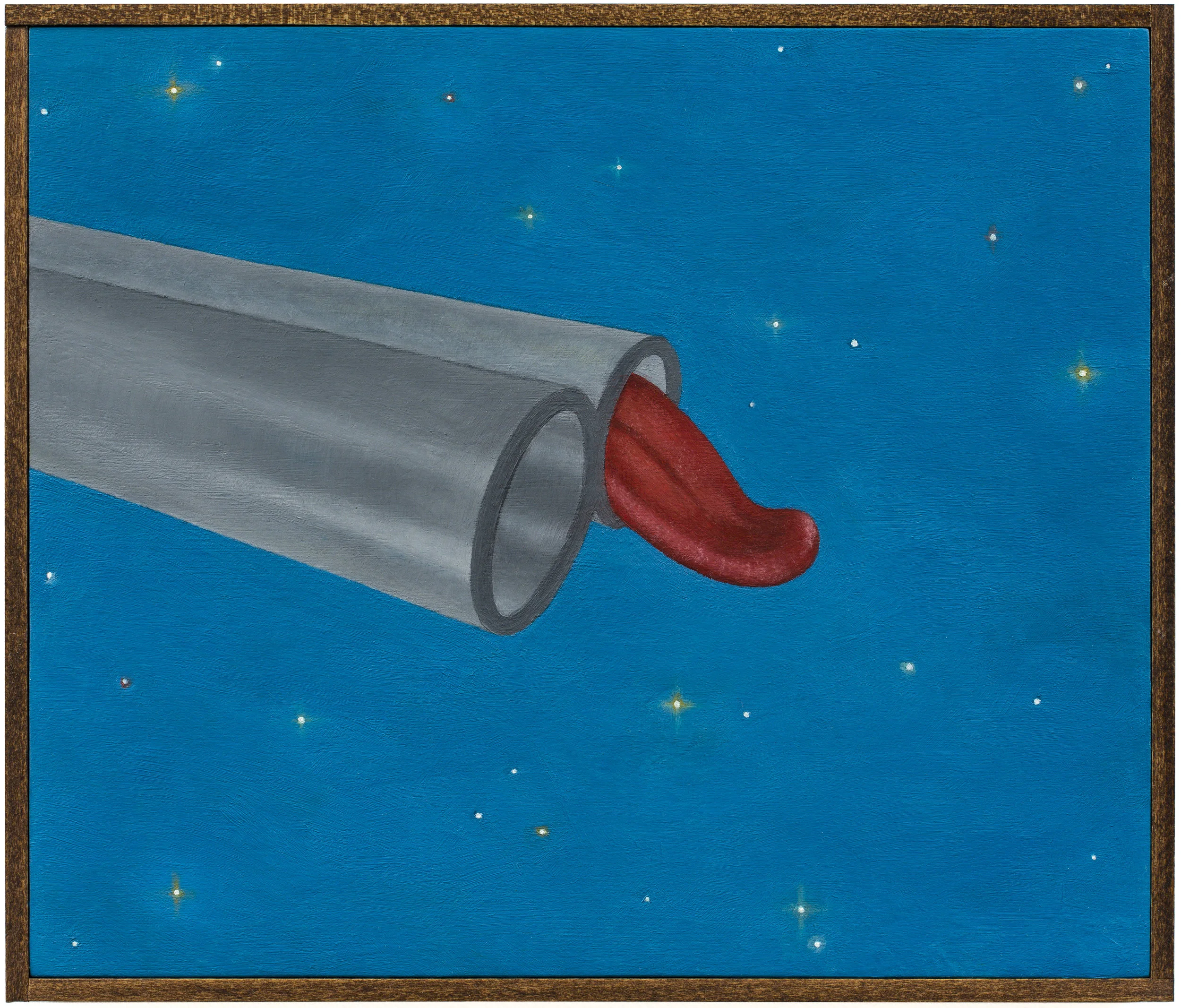 Double Barrel , 2018 Oil on board, wood frame 11.5 x 13.5 inches
