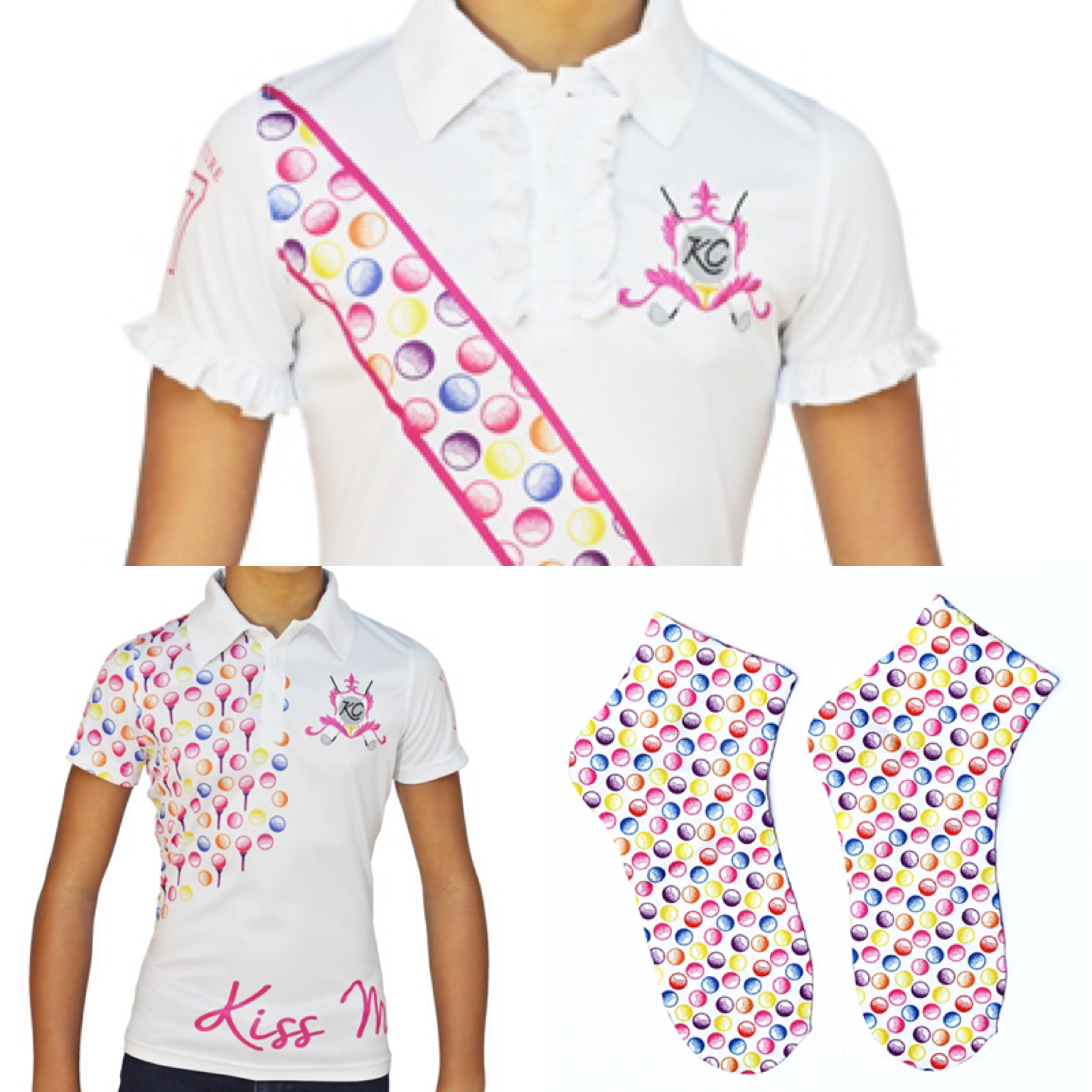 Just a few of Kissi Couture’s new, pairable and colorful golf ball pattern apparel for girls