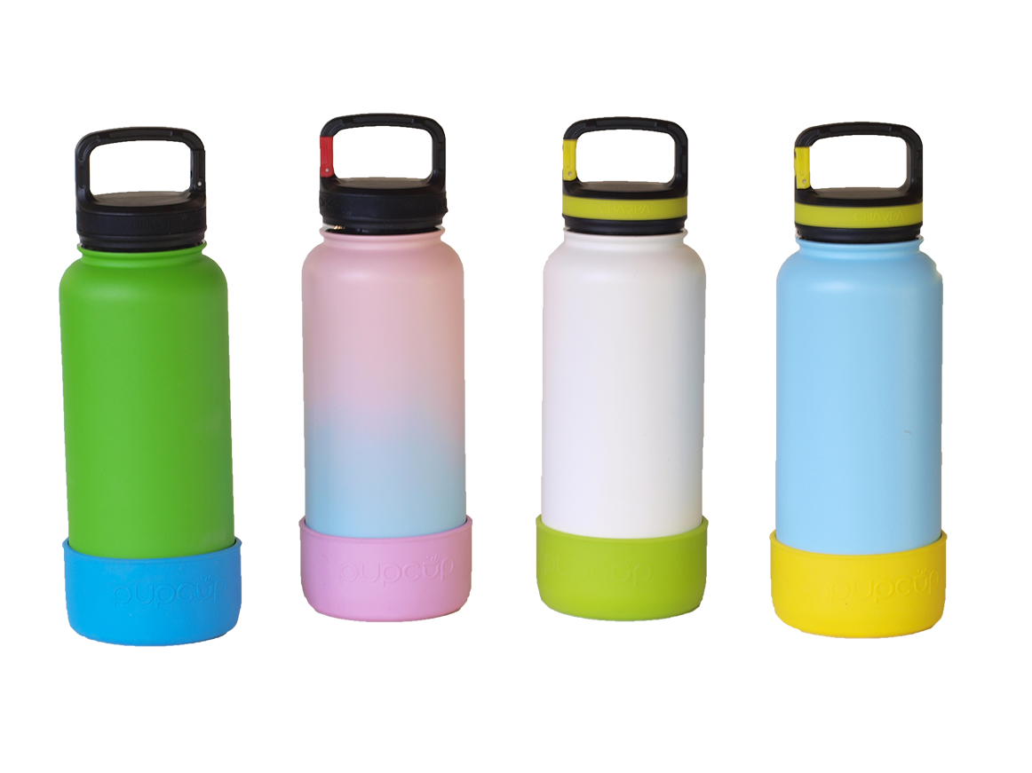 The PupCup Dog Water Bottle and Water Bottle Protective Cup Sleeve fits Hydroflask boot, bottlebottle sleeve, and Nalgene water bottle cup.