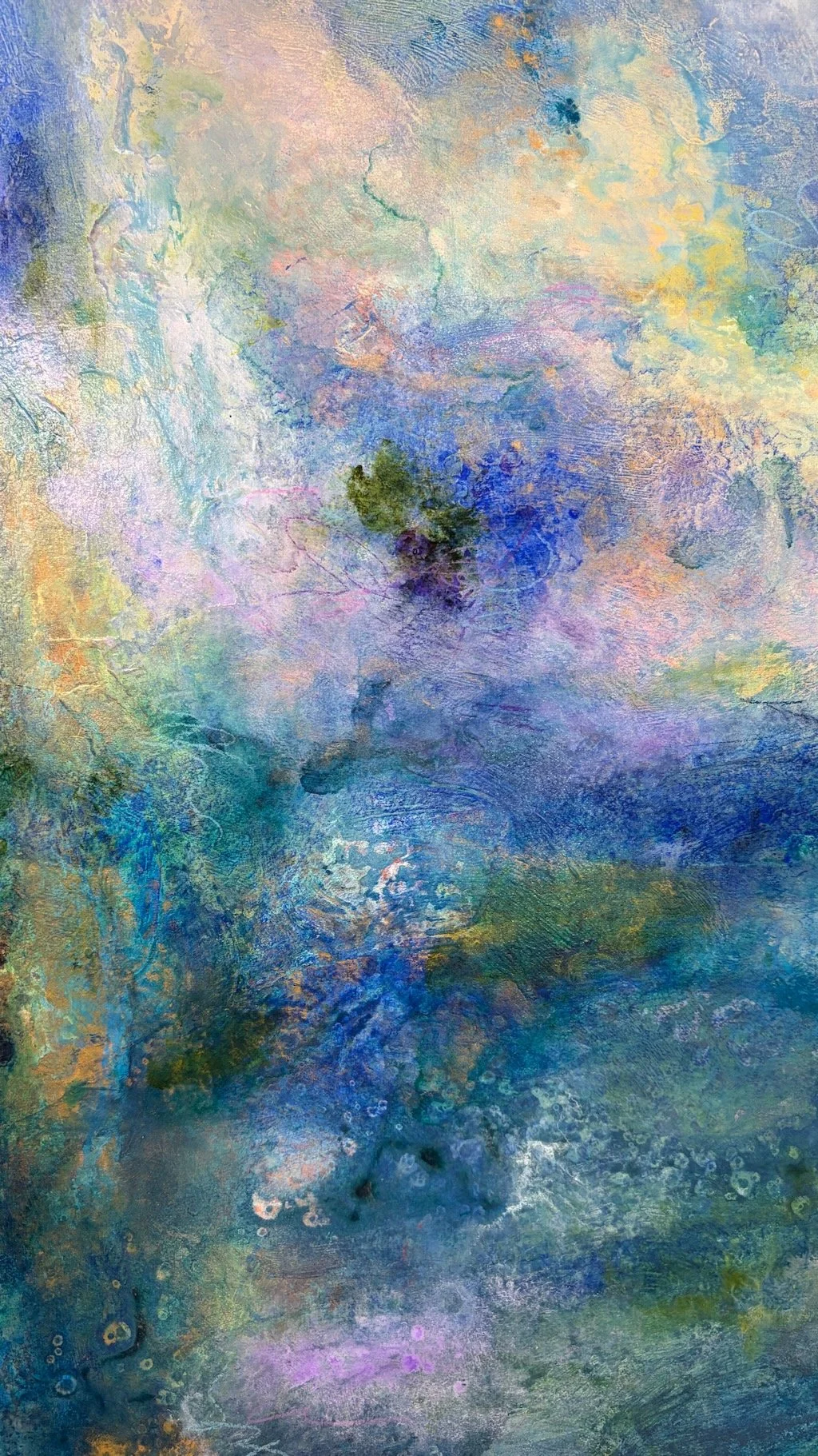 Detail closeup of blue and purple coastal original painting by Houston abstract artist Allyson Caire.