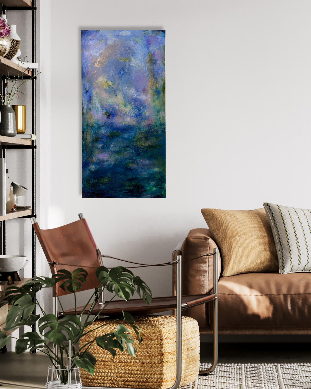 Original coastal abstract painting "Stay for the Sunset" (20x40") styled above a tan leather mid-century chair in a neutral transitional living room.