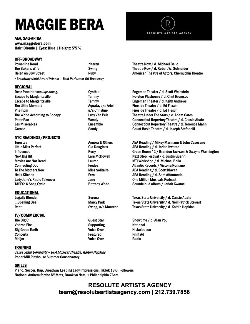 A resume for Maggie Bera listing her height, eye color, hair color, and various acting credits, projects, and skills.