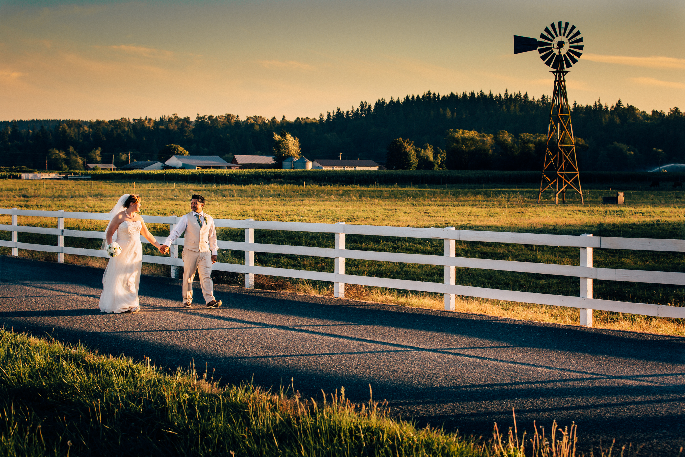Arlington Washington wedding, windmill and Stilly Brook Farm at sunset