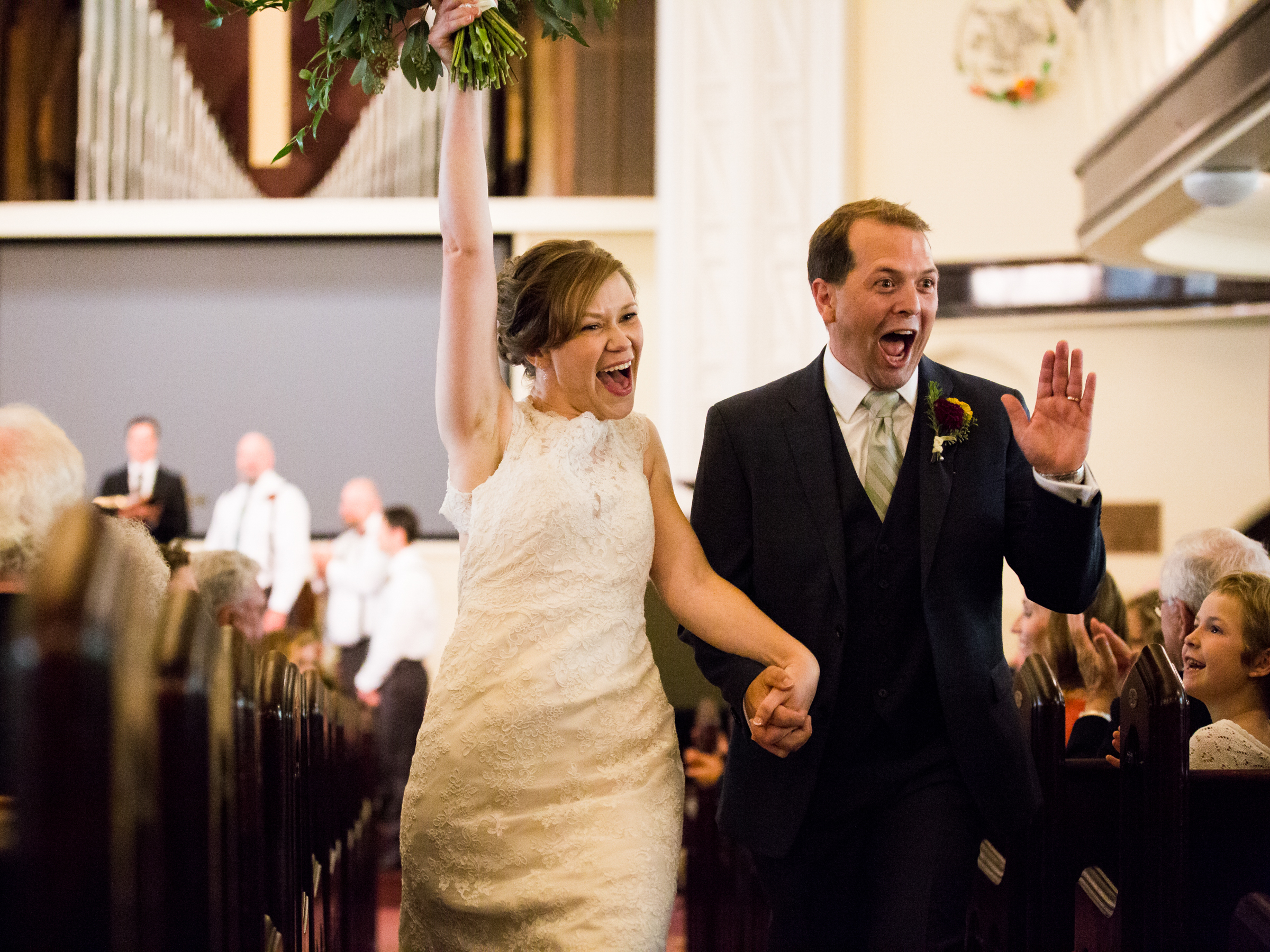 Bellingham Washington wedding, celebrating in the aisle First Presbyterian